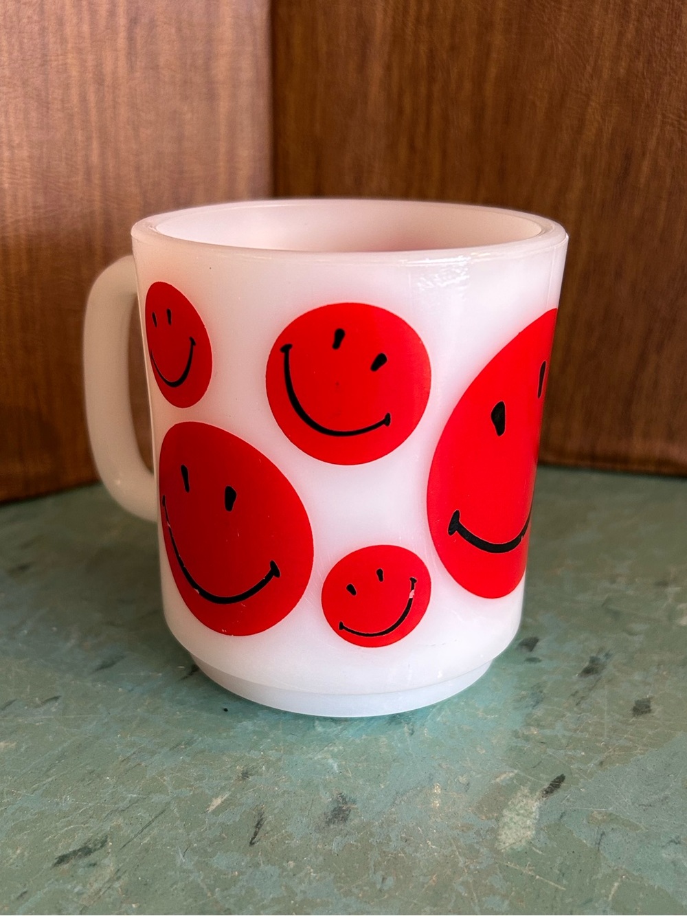 Vintage Hazel Atlas Milk Glass Red Smiley Face Mug